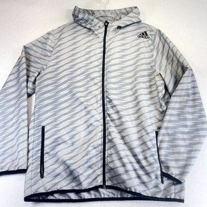 ADIDAS Womens XL Gray Striped Hooded Windbreaker Athletic Full Zip Pockets
